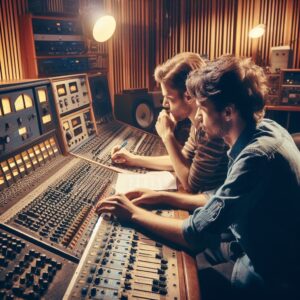Due ingengeri del suono a lavoro in uno studio analogico mentre stanno lavorando al mastering di un brano