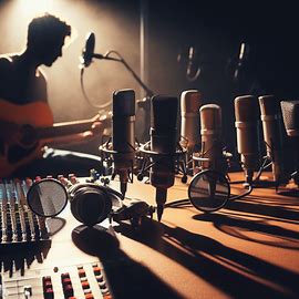 Studio di registrazione dove un cantante registra un brano con molti microfoni